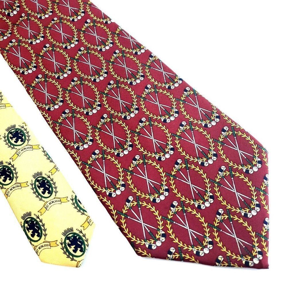 Tommy Hilfiger Red Yellow Golf Print Wide Italian Silk Tie